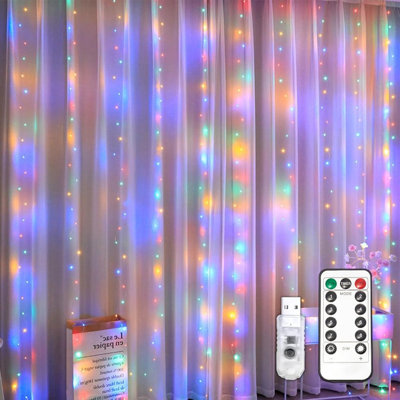 RGB LED Curtain String Lights, 9.8ft x 9.8ft, 300 LED USB Powered Fairy Lights with 13 Keys Remote Control, Color Changing Window Lights for Bedroom, Wedding, Party & Christmas Decor