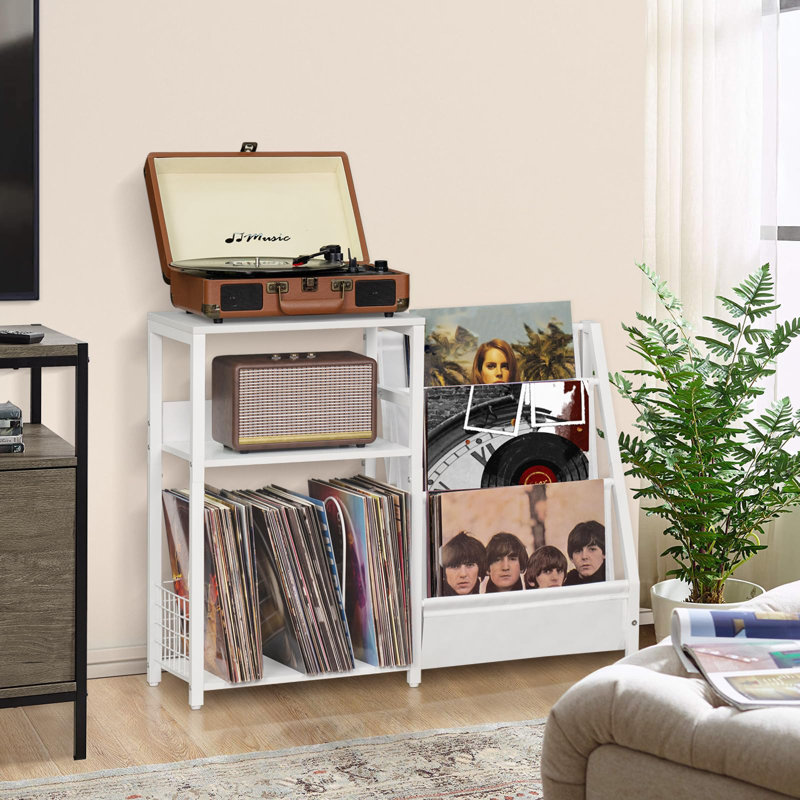 Natural White Vinyl Record Player Stand With Large Storage And Display Shelf