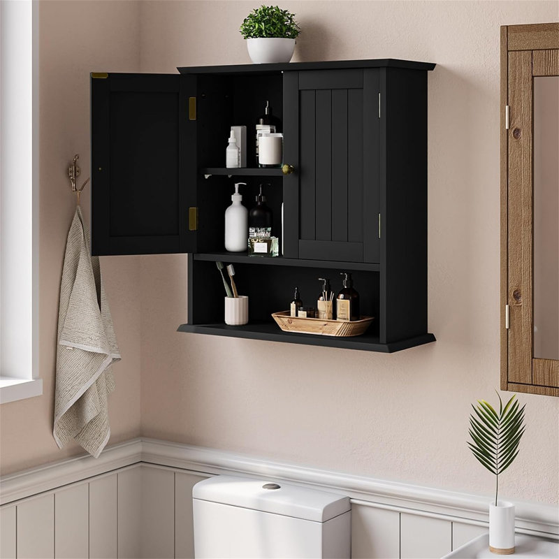 Black Bathroom Wall Cabinet With 2 Doors, Adjustable Shelves