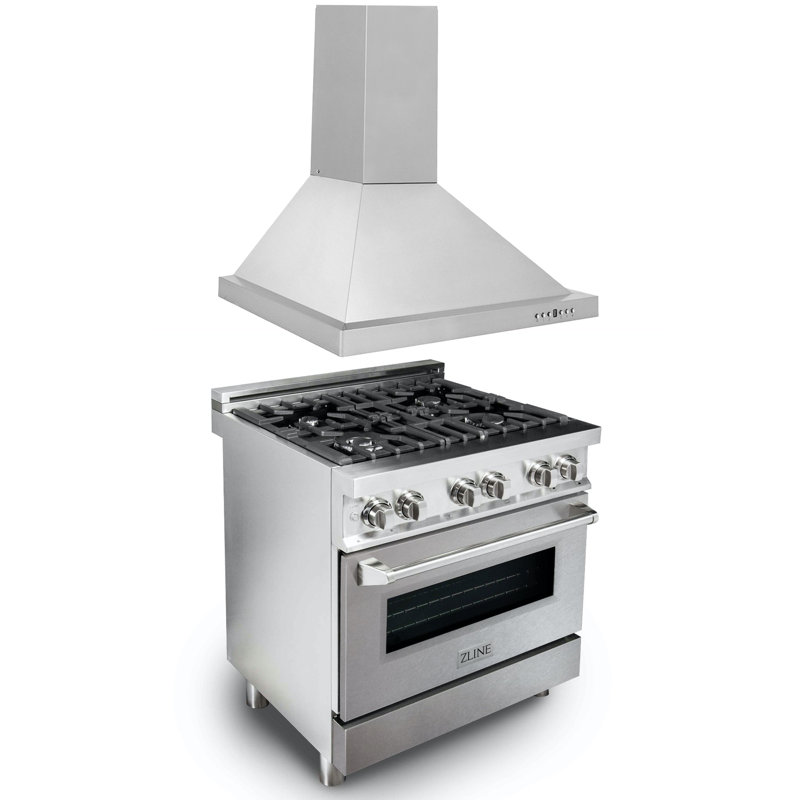 2 Piece Kitchen Package with 30" Freestanding Dual Fuel Range & 30" Wall Mount Range Hood, Stainless Steel