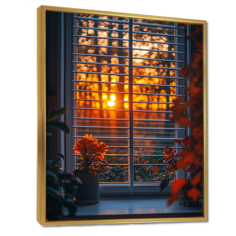 Window In The Forrest Sunrest - Art mural de fenêtre pour le salon, H 40 po x l 30 po, Impression encadrée flottante, Doré