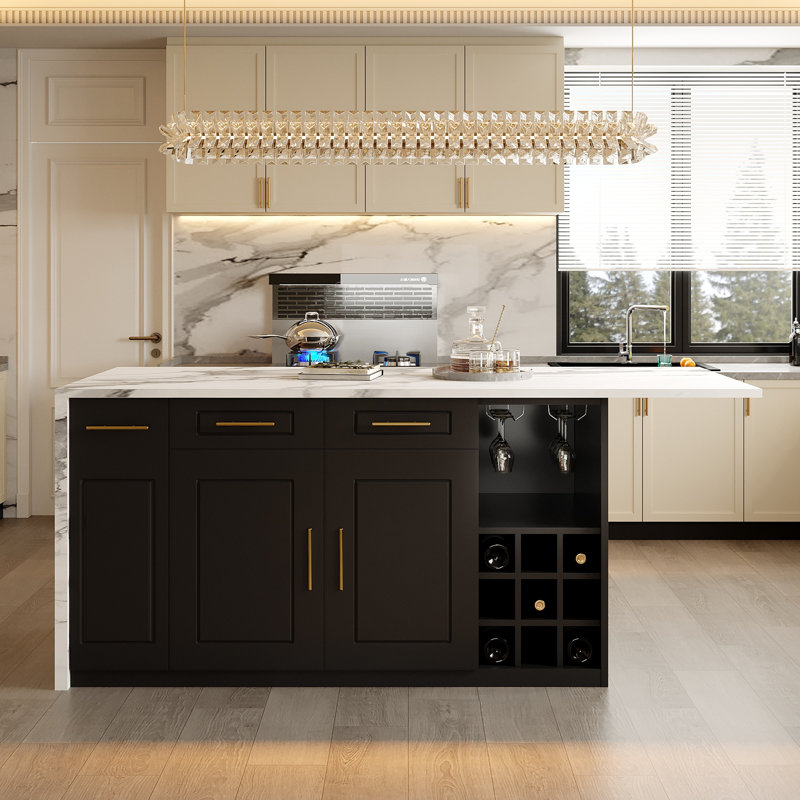 Îlot de cuisine moderne de 180 cm de large avec tiroirs de rangement et casier à vin, meuble bar de cuisine ouvert avec coin repas