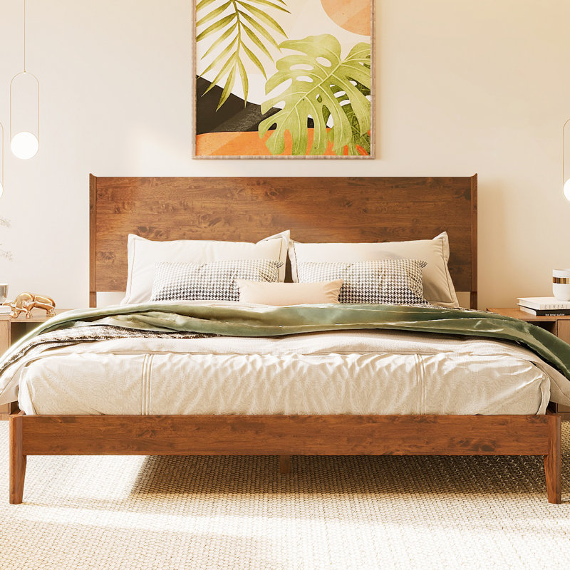 Solid Wood King Bed Frame with Headboard, 800lbs Capacity Scandinavian Platform Bed, Walnut Finish, Non-Slip and Noise-Free, No Box Spring Needed