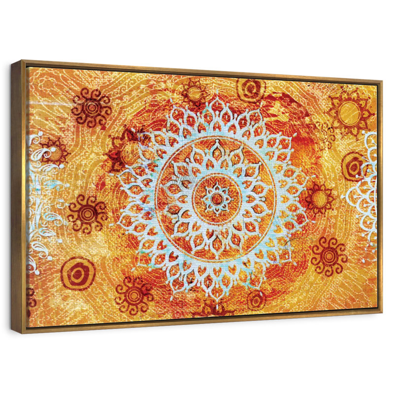 Soleil comme mandala, Cadre flottant doré, 40 po x 27 po