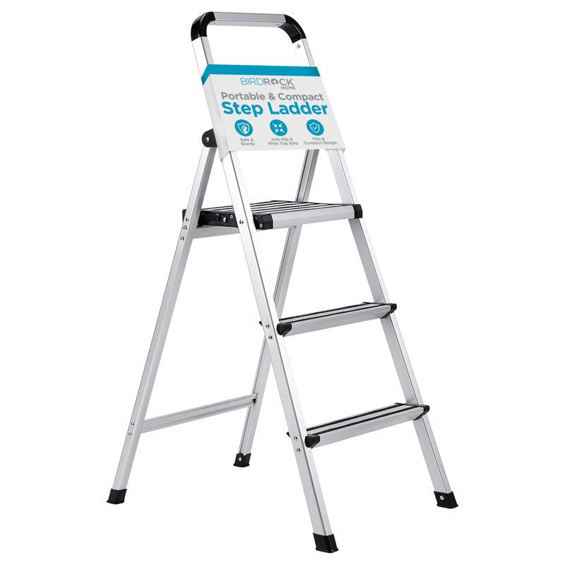 3 Step Ladder Folding Step Stool for Kitchen, Pantry, Closet, or Home Office - Lightweight Aluminum Space Saving Non-Slip Indoor Foldable Stepladder with Handrail (Silver)