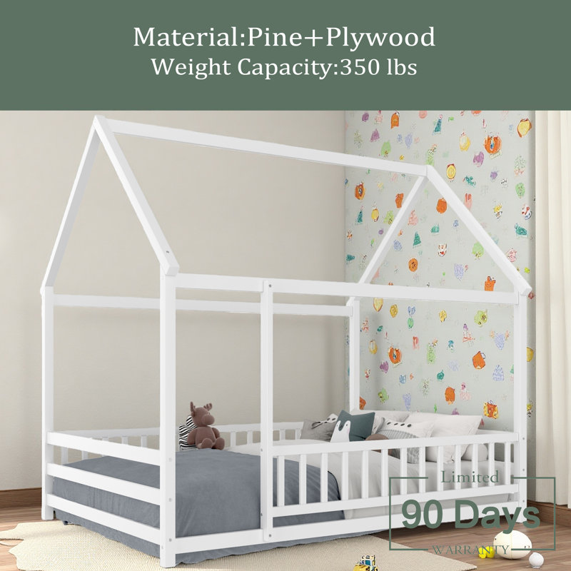 Floor Wooden Bed With House Roof Frame, Fence Guardrails, Full, White