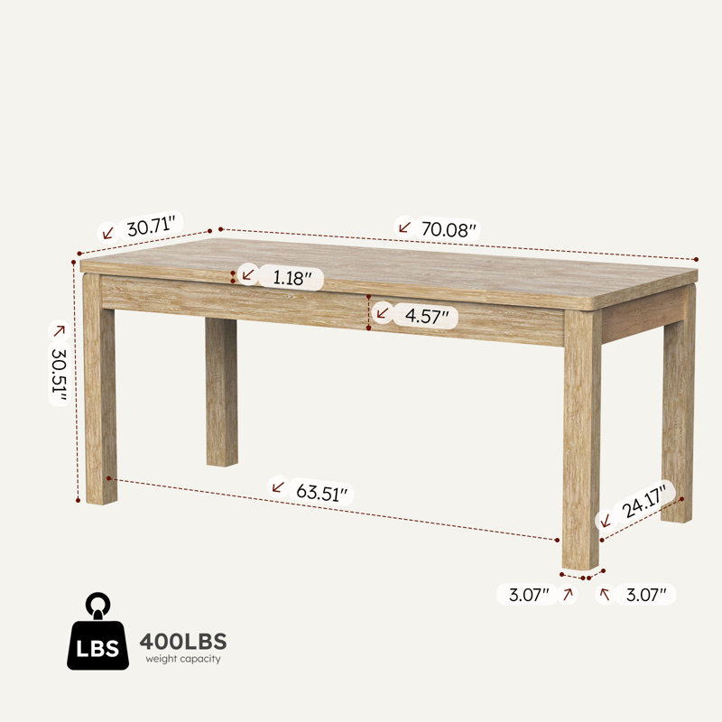 Table de salle à manger Farmhouse, table de cuisine rectangulaire en bois de 70 po pour 4 à 6 personnes, table de salle à manger moderne et bureau à domicile pour les réunions de famille et d'étude, facile à nettoyer, rustique