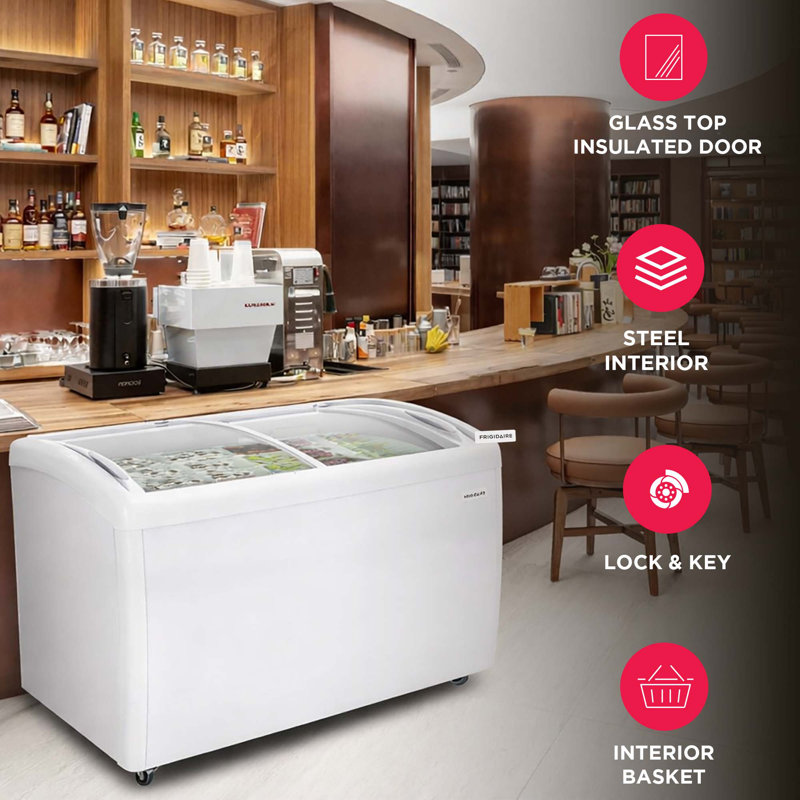 Frigidaire 9 Cu. Ft. Curved Glass Top Display Freezer, 260L Convertible Fridge Freezer with Glass Door and Castor Wheels, White