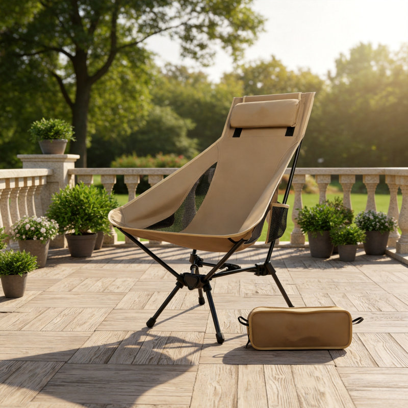 High-Back Camping Chair With Comfortable Pillow, Widened Seat For Ergonomic Support, Foldable And Portable Outdoor Fishing, Picnic, And Leisure Chair, Brown.