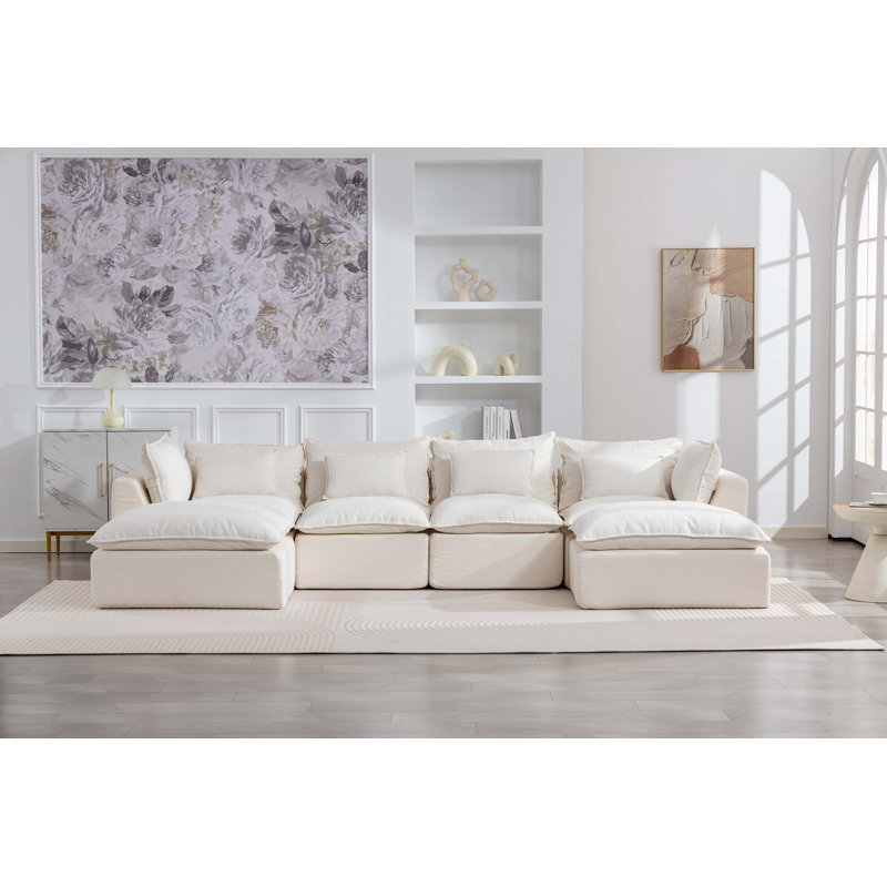 Canapé modulaire surdimensionné Cloud Couch, H 28,3 po x l 129,8 po x P 38,2 po, Symétrique, Velours blanc antique