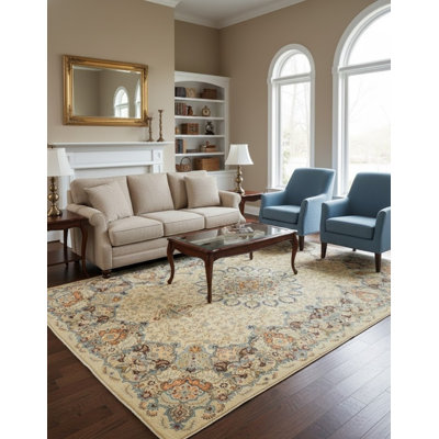 Tapis oriental semi-antique beige à motif floral 9 x 13