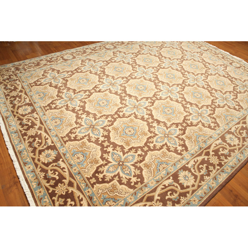 Tapis beige / brun en laine noué à la main de conception unique 9 pi x 12 pi Avellini
