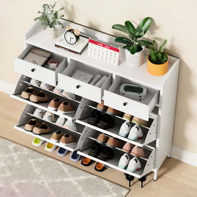 Shoe Rack With Legs - Metal Cabinet White, 4 Flip Drawers + 3 Drawers, Stable And Attractive For Living Room Apartment Entryway Storage Up Tip Front D