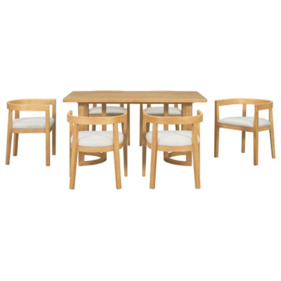 7 Piece Dining Table Set for 6, Rectangular Kitchen Table Set with 6 Upholstered Barrel-Back Chairs, Wood Grain Dining Room Table with Curved Chair Ba
