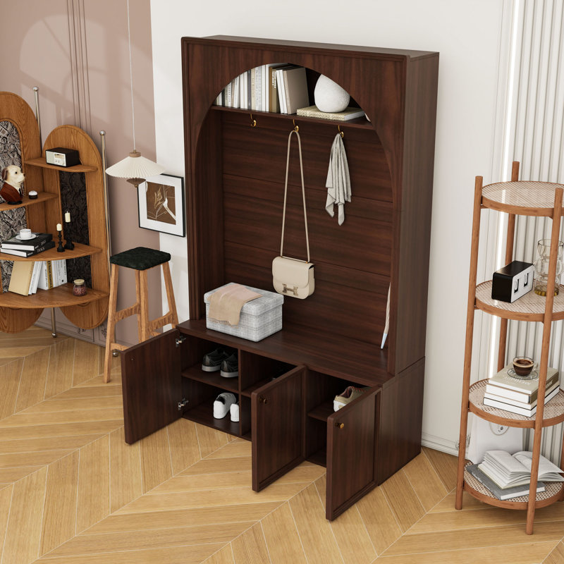 Wood Hall Tree with Adjustable Shelves,Storage Bench and Hooks, Walnut