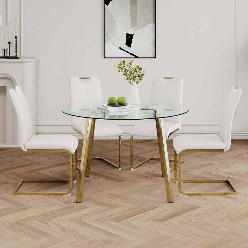 Table ronde en verre de style moderne, 5 pièces: table, 4 chaises, Blanc