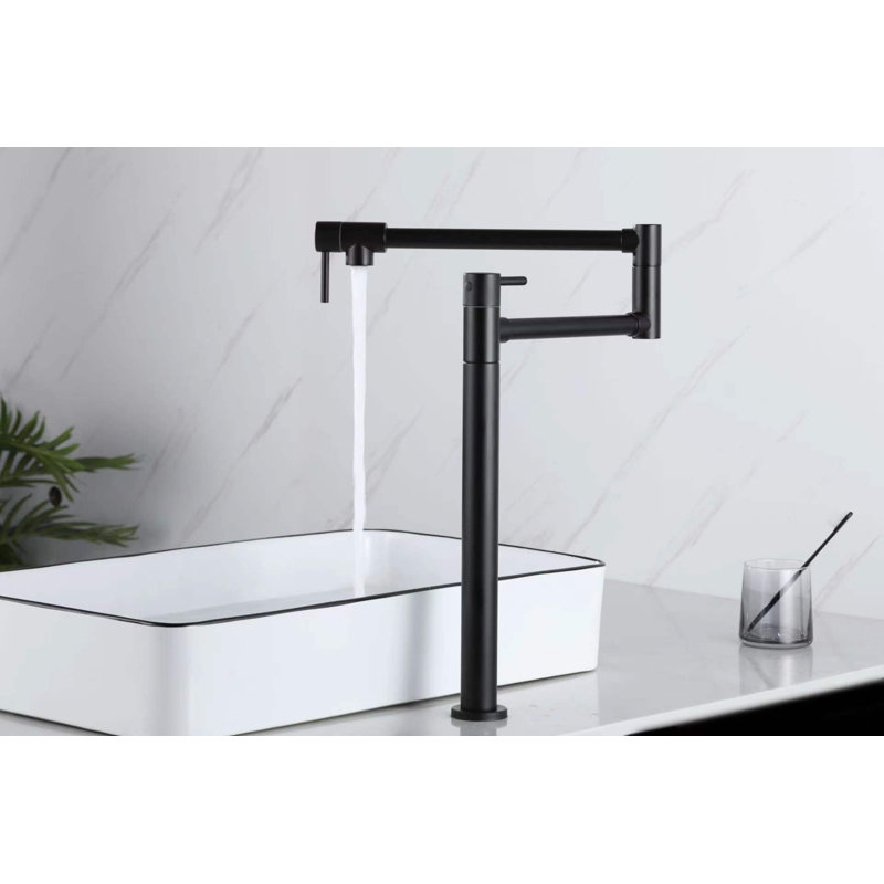 The 360°Movable Deck Mount Pot Filler Kitchen Faucet With Swing Arm & Double Handle, Black