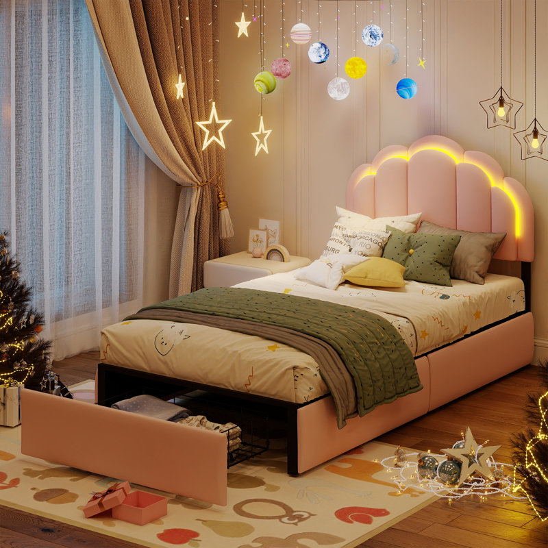 Upholstered Kids Platform Bed with LED Lights and Petal Headboard, Twin, Pink