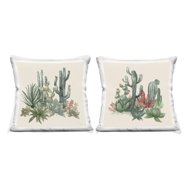Ensemble de 2 coussins décoratifs Mojave Desert Cacti, Beige / floral 1, 2, Carré 18 po