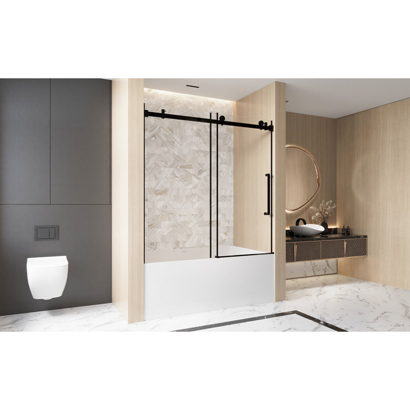 Porte de douche coulissante simple pour salle de bain 56 - l 60 po x H 60 po, verre trempé transparent de 6 mm, film, rail carré noir mat, poignée en acier inoxydable, conception américaine, grandes roues pour une douceur à long terme,
