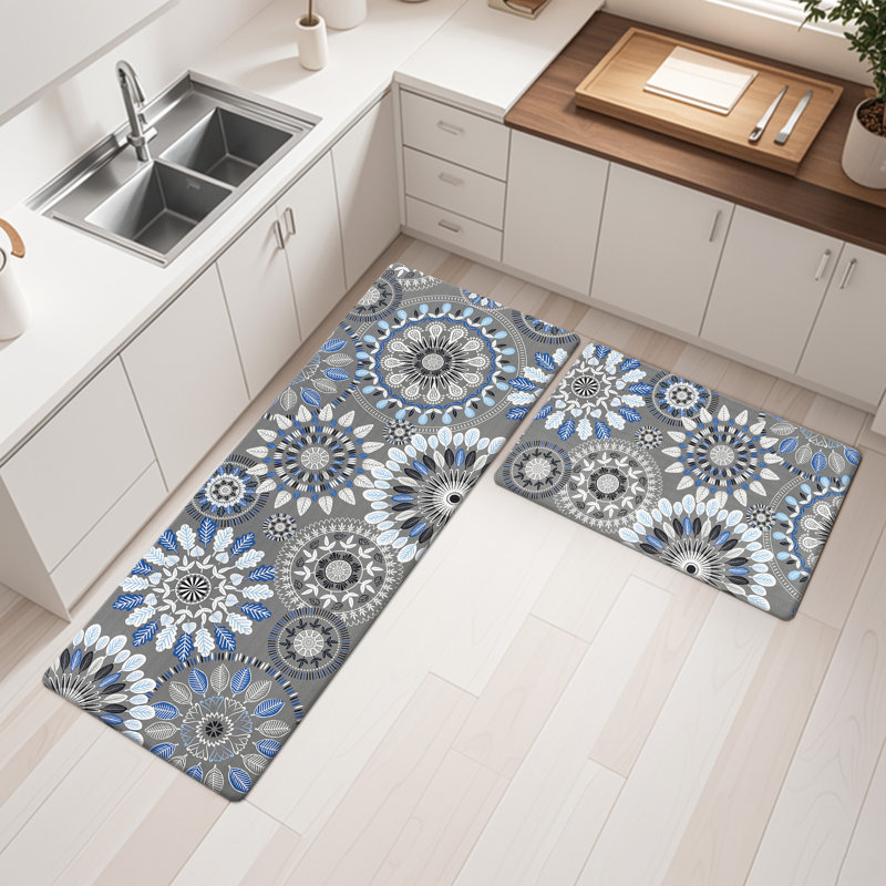 Jalissia Anti-Fatigue Non-Skid Kitchen Mat, Gray/Blue/Black/White, Runner 18" x 30" + 18" x 48"