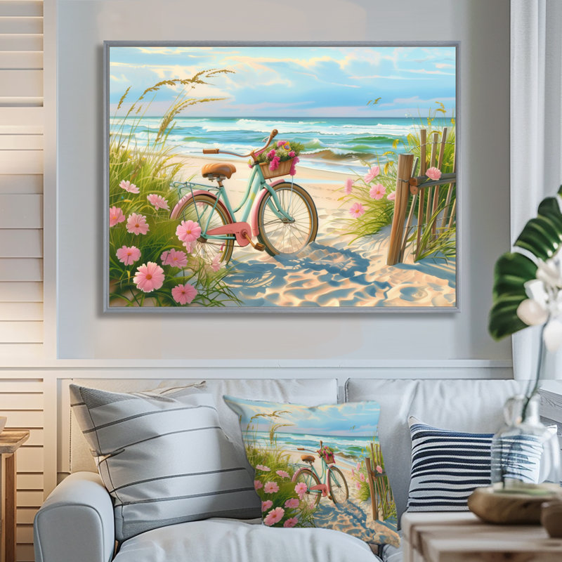 Vélo bleu sur le sentier côtier floral I - impression d'art mural côtier, Toile argentée avec cadre flottant