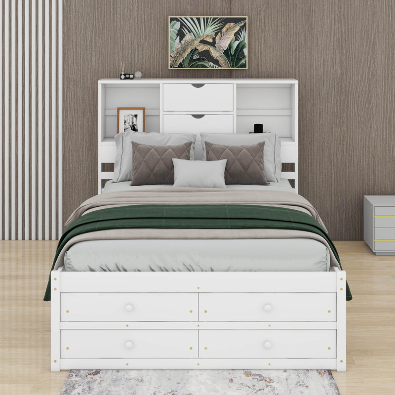 Grand lit plateforme avec tiroirs, Blanc, Grand lit