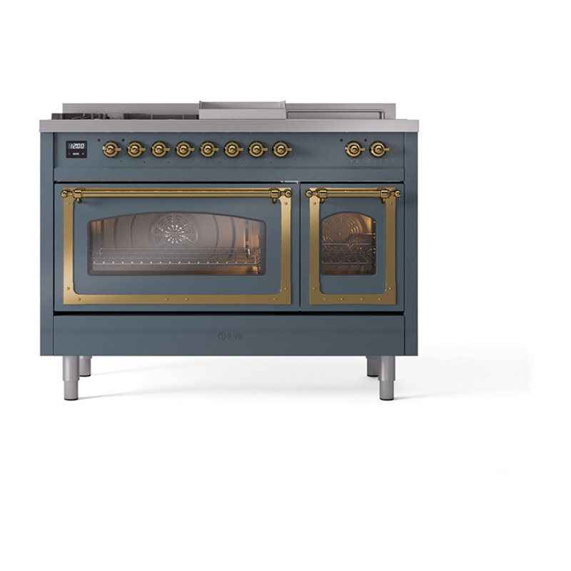 ILVE Nostalgie II Noblesse 48" Freestanding Dual Fuel Range with 5 Sealed Burners, Griddle, French Top, in Blue Grey with Brass Trim
