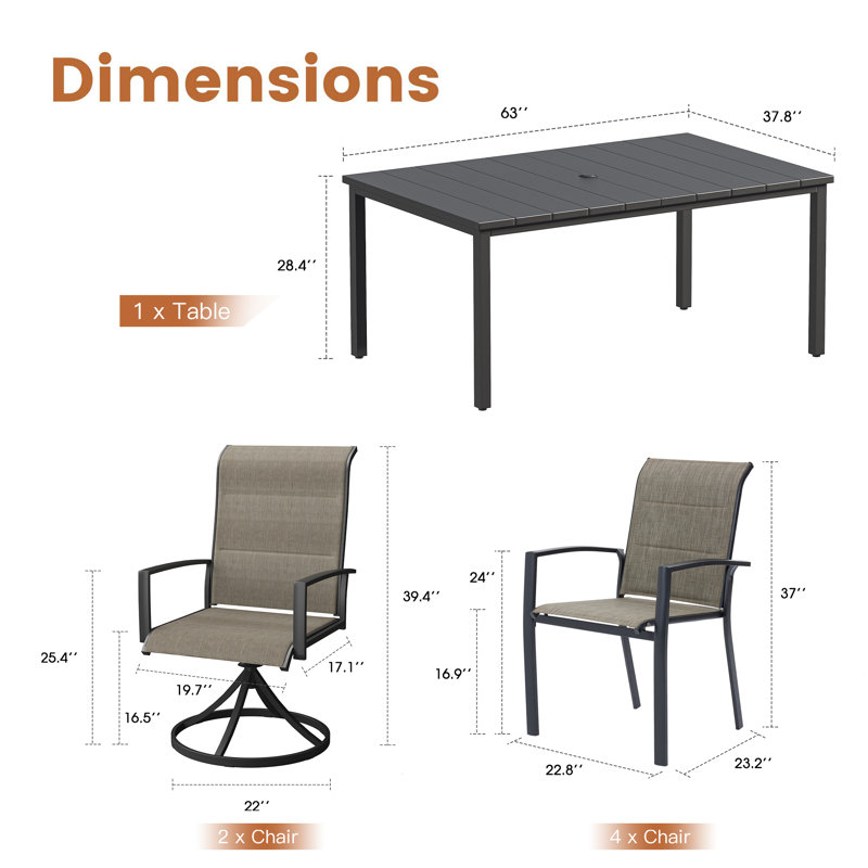 63" Patio Dining Set with Rectangular Metal Dining Table, 4 PVC-coated polyester Padded Armrest Chairs, 2 Swivel PVC-coated polyester Chairs