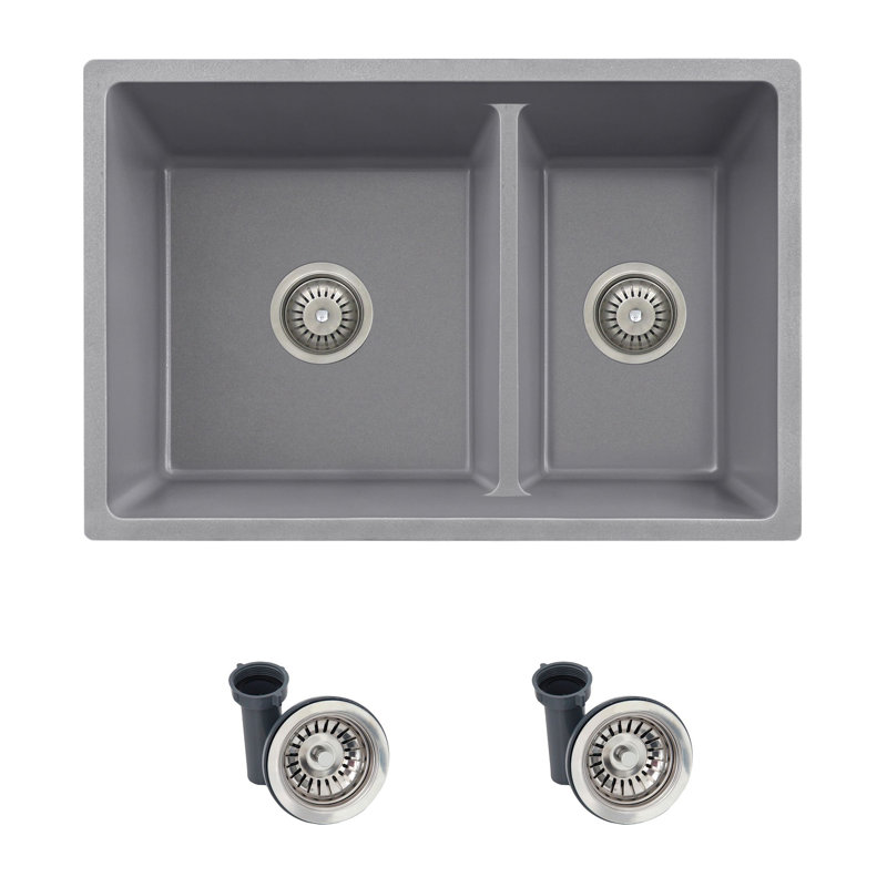 Pietra STYLISH 27 inch Double Bowl 60/40 Dual Mount Composite Granite Kitchen Sink, Gray
