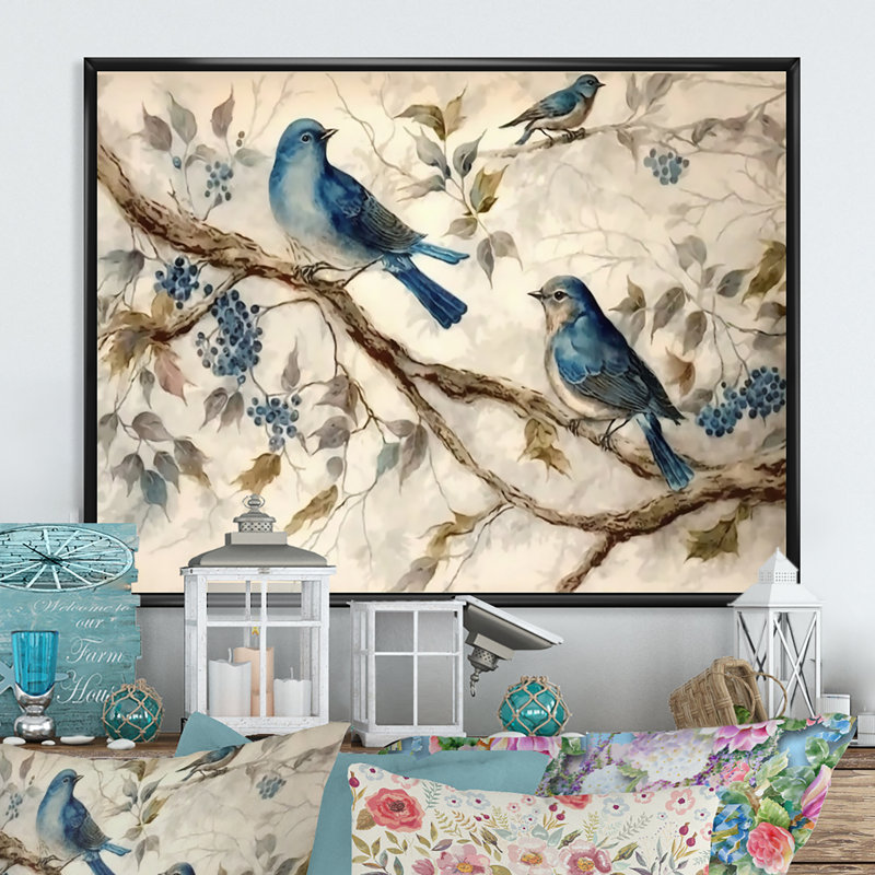 Deux oiseaux bleus assis sur une branche, aquarelle rétro II - décoration murale oiseau, H 24 po x l 32 po x P 1 po