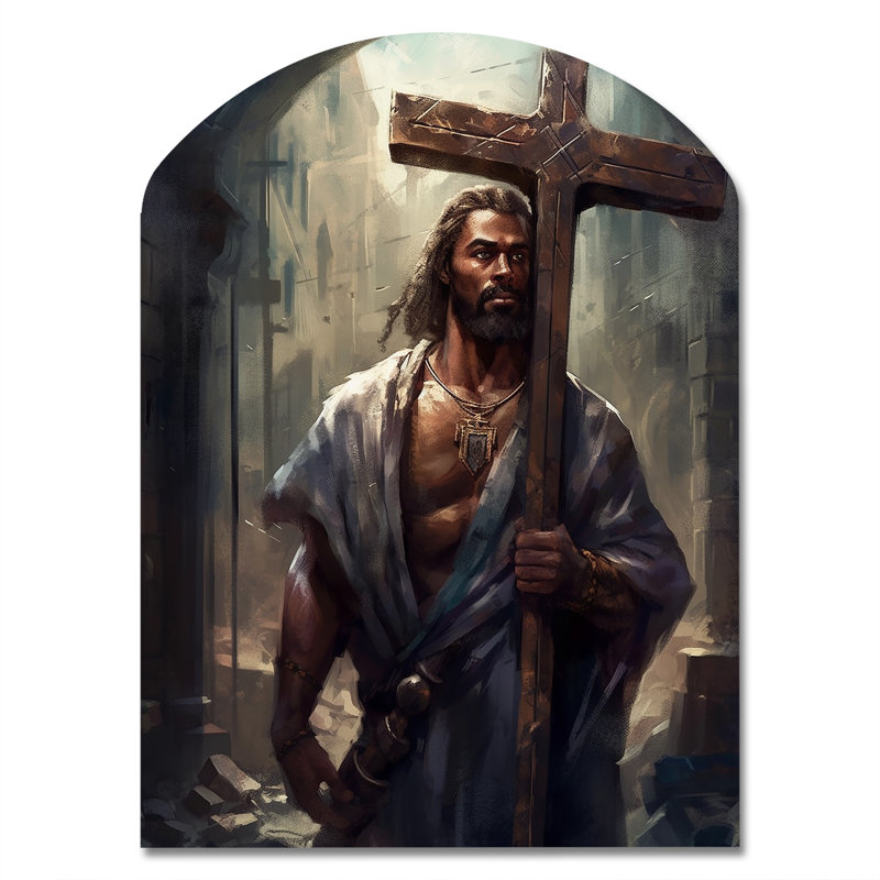 «Black Jesus with Cross III» - arche, art mural paysage en métal, sculpture murale asymétrique en métal, H 34 po x l 25 po