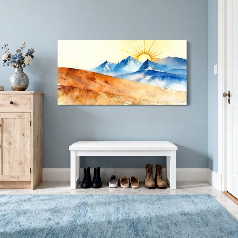Paysage et nature, lever de soleil sur une chaîne de montagnes, H 24 po x l 48 po