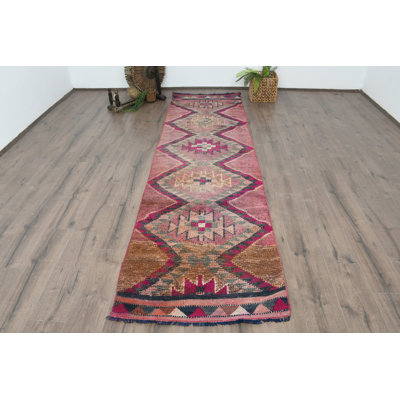34.6x125.6 Inch Pink Wool Kilim Runner Rug, Patchwork Pattern Rug