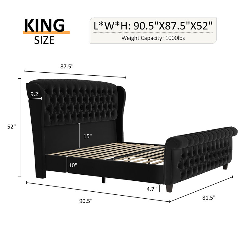 Black Velvet Queen Platform Bed with Tufted Headboard and Footboard
