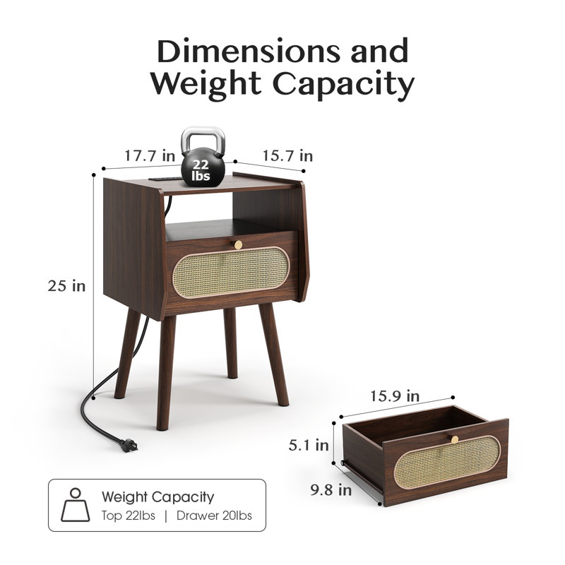 Mid Century Modern Rattan Nightstand Set Of 2, Dark Walnut