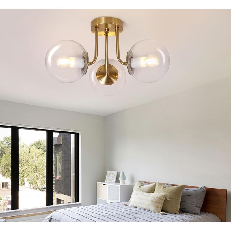 Gold and Clear Glass Globe 3-Light Semi Flush Mount Ceiling Fixture