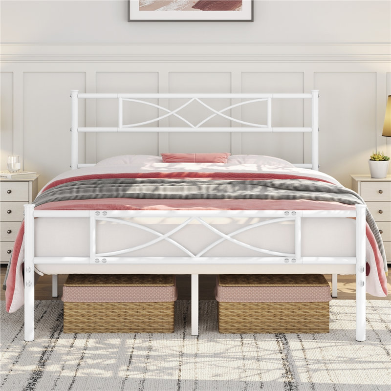 Simple Metal Bed Frame with Curved Design Headboard and Footboard, Kingsize (5'), White