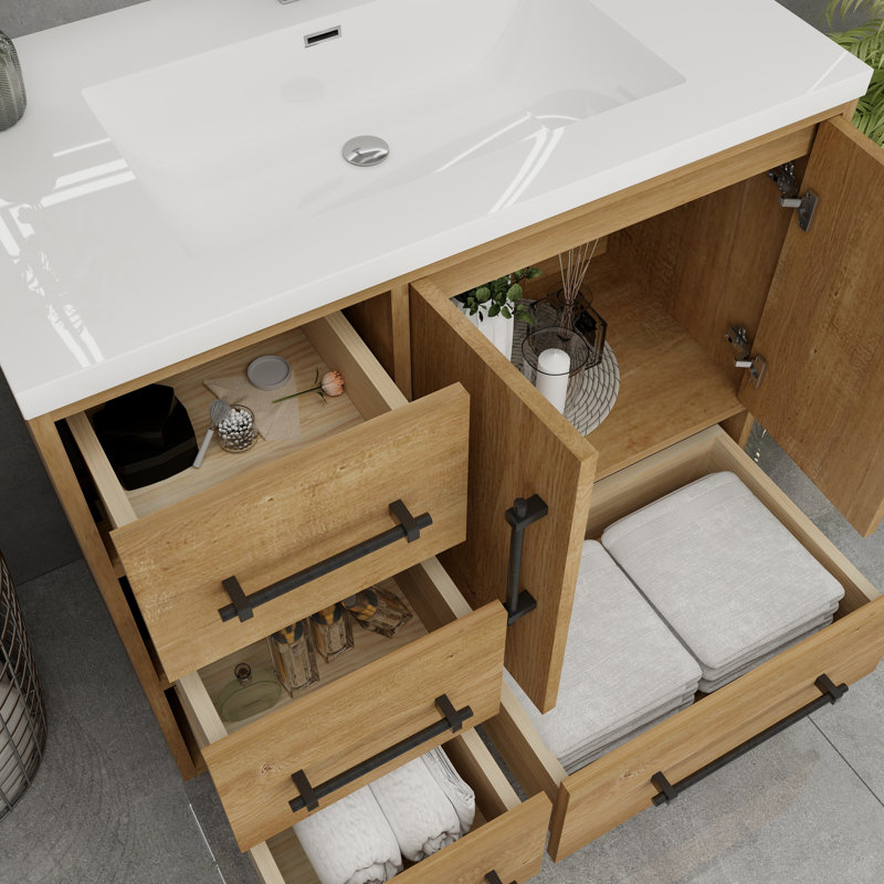 Victoria 35.4'' Oak Freestanding Bathroom Vanity with Acrylic Top