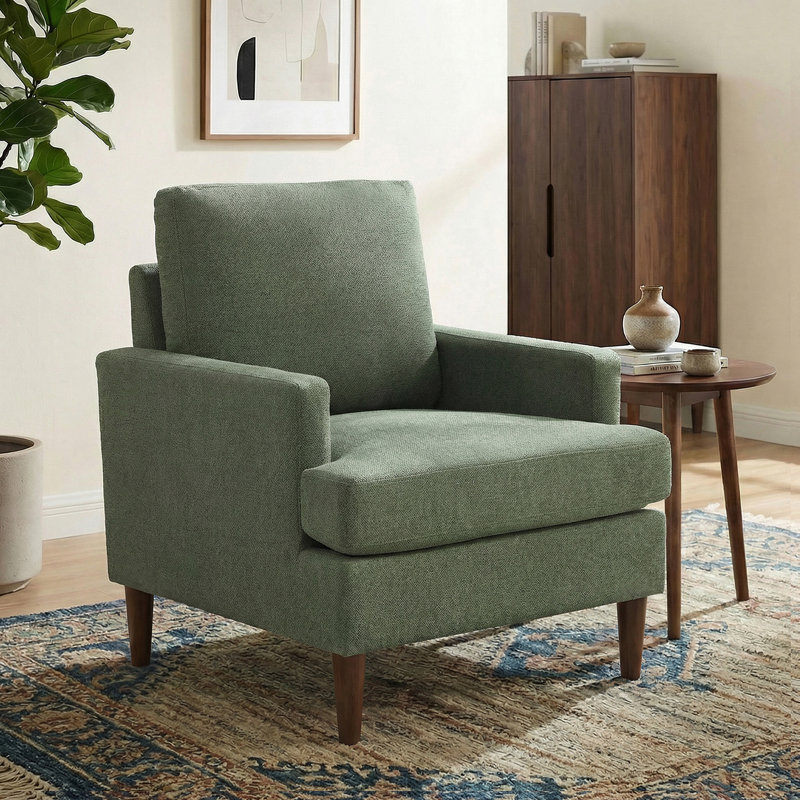 Fauteuil Clancy avec pieds en bois massif, Mocha Legs Green Fabric