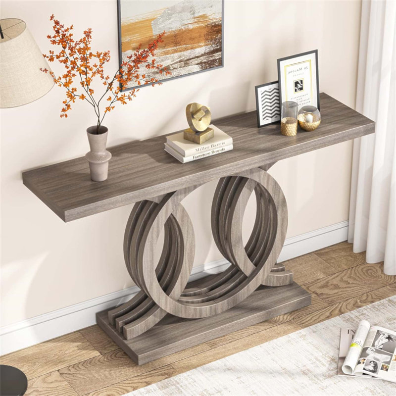 Console rustique de 55 pouces avec base géométrique en bois, canapé d'entrée et de rangement rustique
