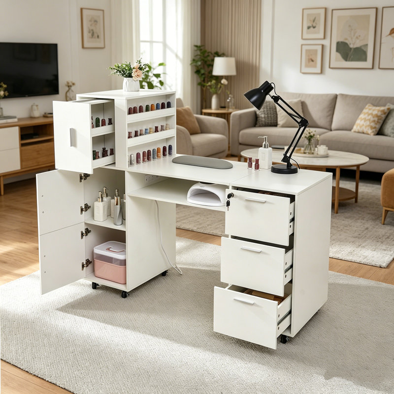 Table de manucure blanche avec prise de courant et USB, 3 tiroirs, 3 armoires, tablettes ouvertes, 8 roulettes, station de clou pour salon et maison