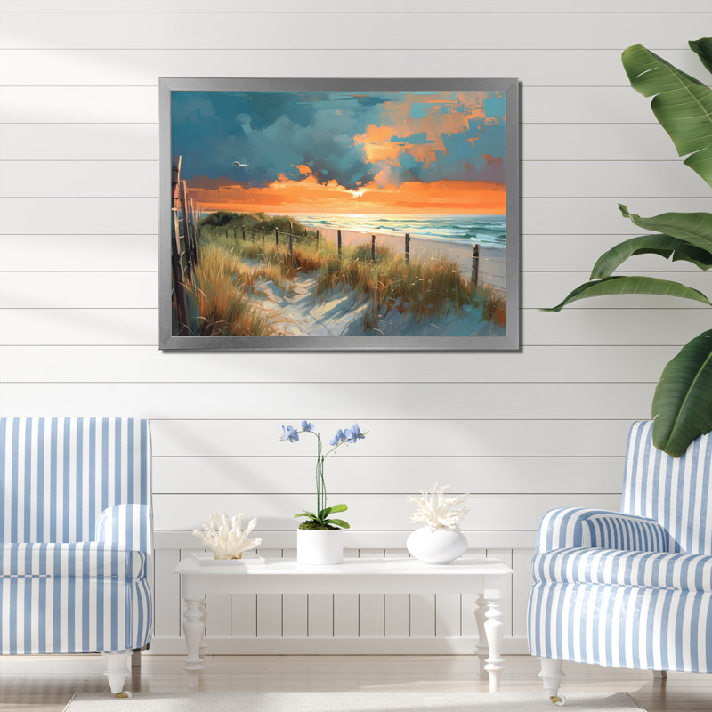 Pathway To Beach Sunset sur toile, Cadre simple argenté, H 30 po x l 40 po x P 1,5 po