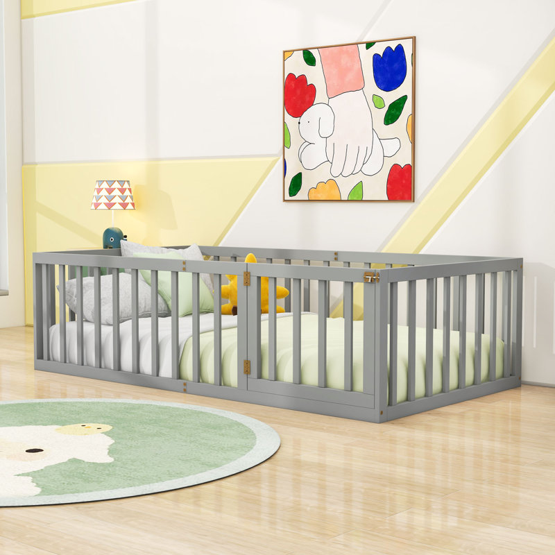 Lit simple en bois avec garde-corps et porte, Gris