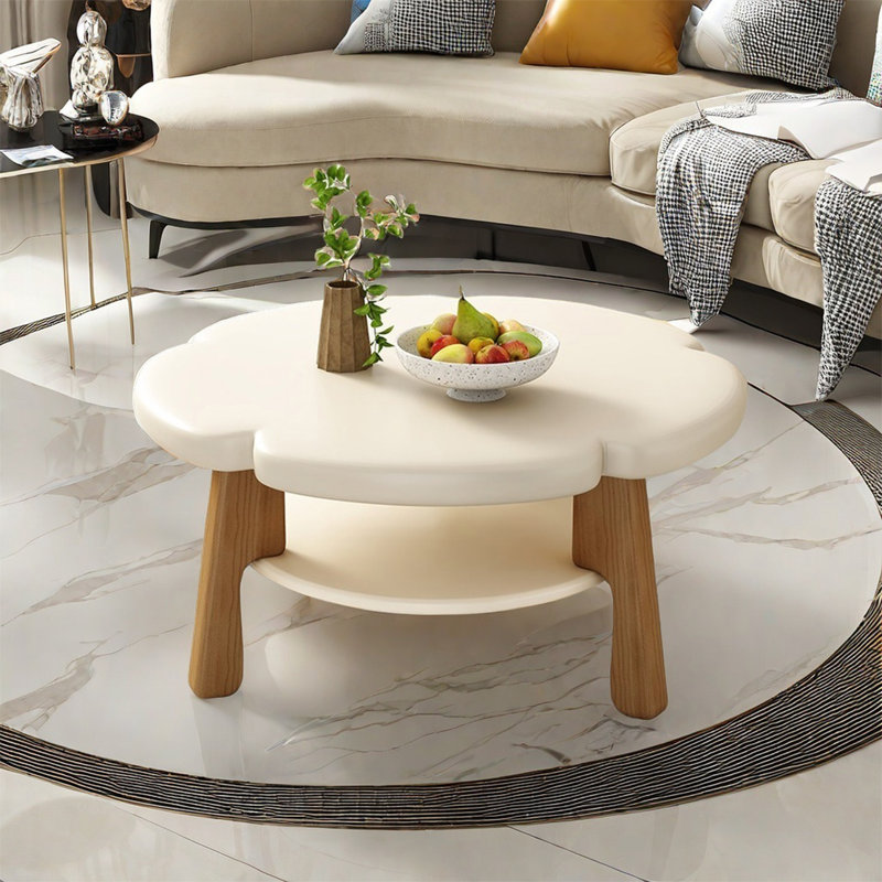 Creative round flowers solid wood coffee table, White, 17.7" H x 35.4" L x 35.4" W