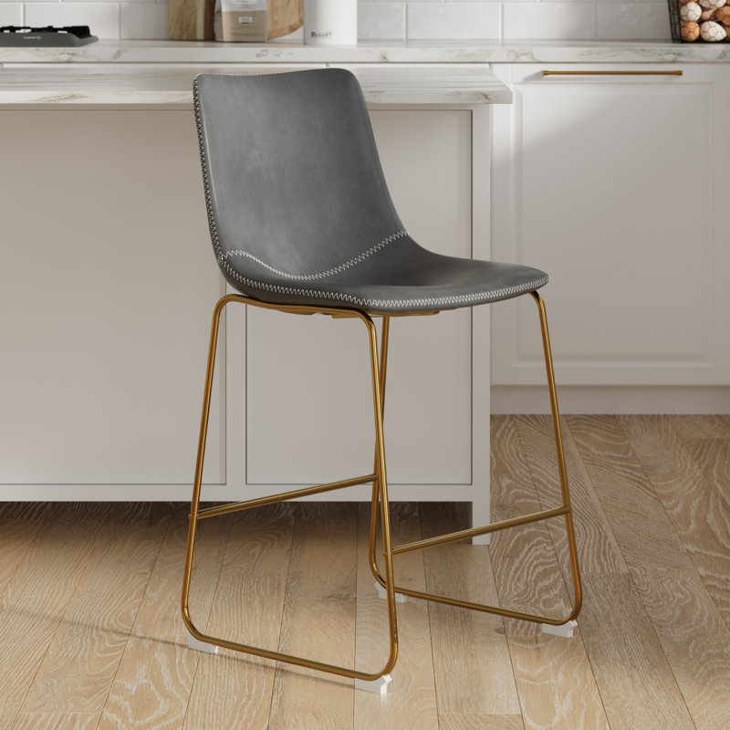 Nia Vegan Leather Bar & Counter Stool, Counter Stool (24" Seat Height), Gray, Gold