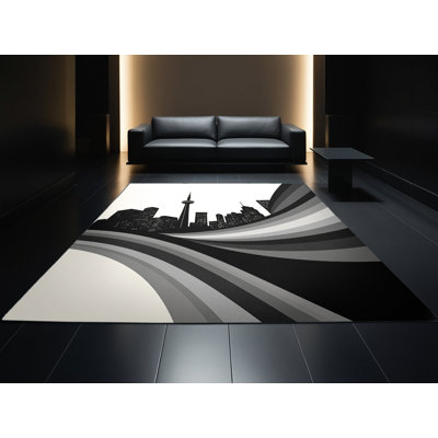 Tapis blanc à motif d'arc contemporain lavable à la machine Pegah