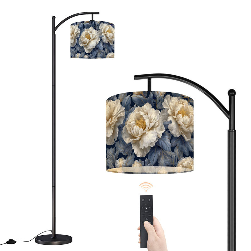Lampe sur pied à arc floral avec abat-jour réglable pivoines romantiques en or blanc, feuilles bleues sur pied, art botanique, lampe sur pied, 3 températures, intensité variable, grand pôle avec interrupteur au pied pour la chambre à coucher