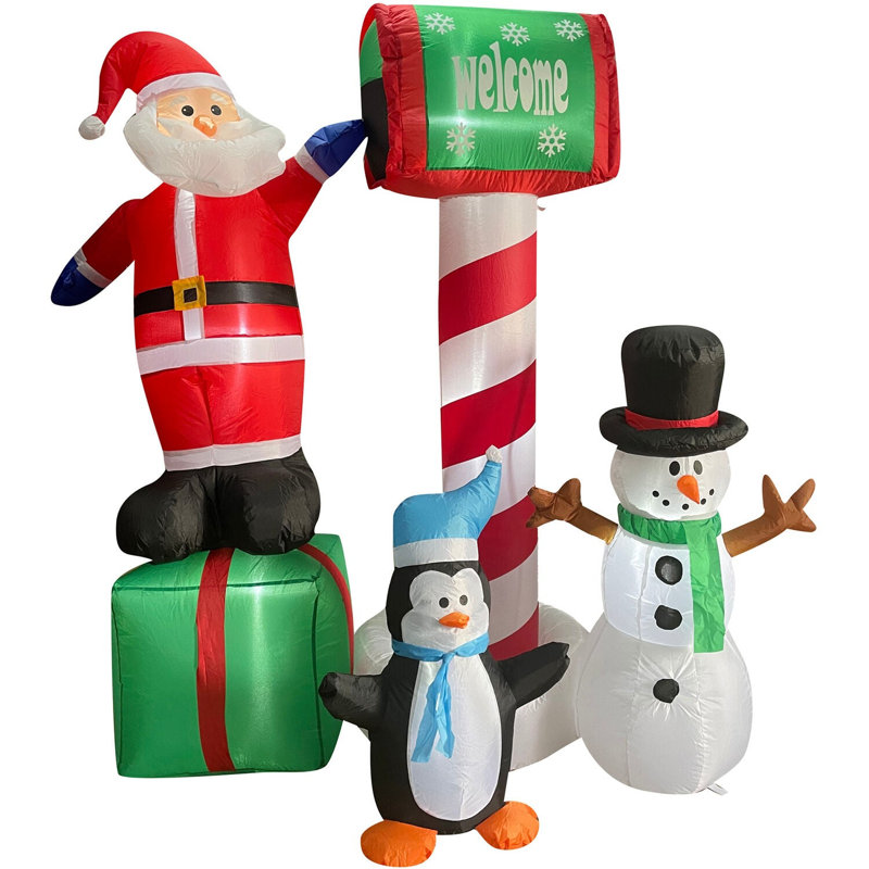Pavillon de jardin 6 pi. Boîte aux lettres de bienvenue avec père Noël, bonhomme de neige et pingouin, décoration de jardin gonflable pré-éclairée