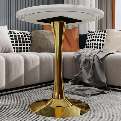 Table basse ronde à effet marbre 27,6 po avec plateau veiné blanc et base piédestal dorée